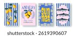 Set of colorful italian posters  summer: lemons, sardines, marine motifs, decorative tiles, and cheerful typography. Perfect for travel, kitchen decor, packaging, and prints