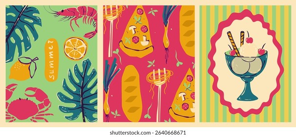 Set of colorful Italian posters summer: crab, pasta, pizza, marine motifs, decorative tiles. Perfect for travel, kitchen decor, packaging, and prints