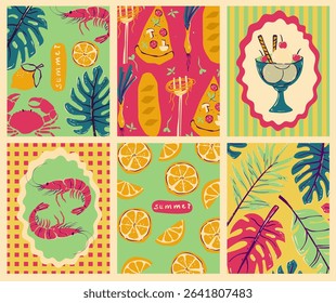 Set of colorful Italian posters summer: crab, pasta, pizza, marine motifs, decorative tiles. Perfect for travel, kitchen decor, packaging, and prints