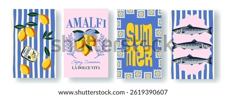 Set of colorful italian posters  summer: lemons, sardines, marine motifs, decorative tiles, and cheerful typography. Perfect for travel, kitchen decor, packaging, and prints