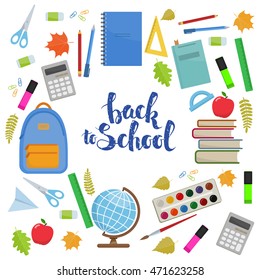 Set of colorful items for education. Circle shape template,  back to school  lettering. Vector stock illustration.