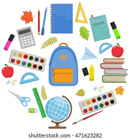 Set of colorful items for education. Circle shape template. Vector stock illustration.