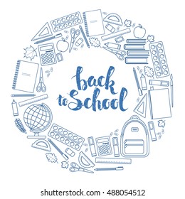 Set of colorful items for education. Circle shape template,  back to school  lettering. Vector stock illustration.
