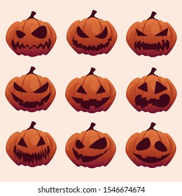 Set of colorful Jack-O'-Lanterns. Halloween vector illustration.