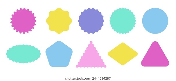 Set of colorful jagged circle, starburst badges, different shape  backgrounds. Zig zag edge shapes, stickers, black ripped sheets vector illustration. Silhouette blank for design collage, label, pin