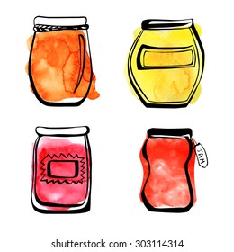 Set of colorful jam jars. Hand drawn doodle sketches of cute pots with bright textured stains.