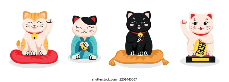 Set of colorful Japanese cats in cartoon style. Vector illustration of figurines in the form of cats for good luck and money on white background.