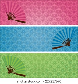 Set of colorful Japanese kimono flower pattern horizontal banners with traditional Asian fans