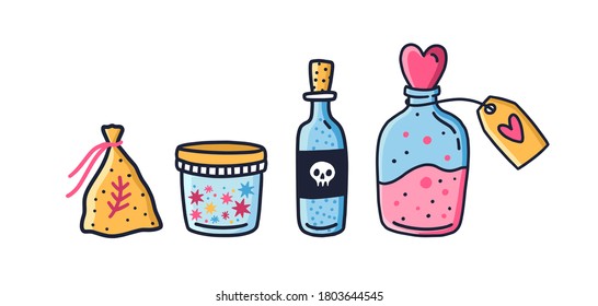 Set of colorful jars and bag with magic potion vector flat illustration in doodle style. Collection of magical composition for sorcery or witchcraft isolated on white. Glass bottles with elixir