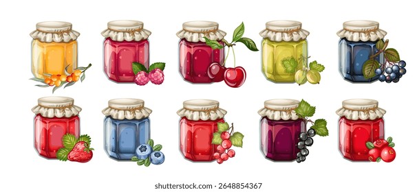 Set von bunten Gläsern mit Beerenmarmelade. Handgezeichnet, einzeln auf weißem Hintergrund, ClipArt, Vektorgrafik.