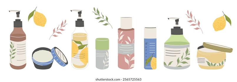 A set of colorful jars and bottles for natural cosmetics with eco-friendly ingredients. Body care. A flat vector illustration of a pastel palette, isolated on a white background.