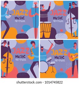 Set of colorful jazz music festival posters in flat design with musicians playing music instruments