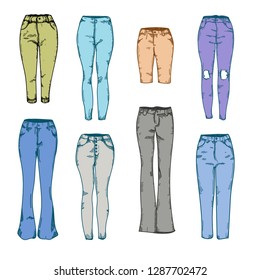 Set of colorful jeans. Vector. Handdrown