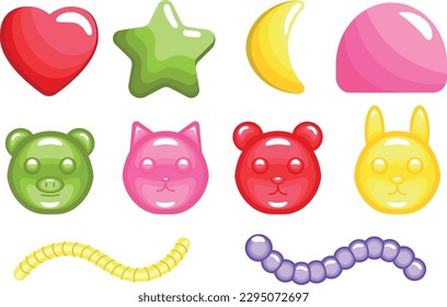 Set colorful jelly candies in cartoon style. Vector illustration of a variety of sweet jelly candies in the shape of a heart, star, crescent moon, pig, cat, dog, bunny, snake isolated on a white.