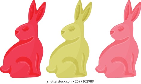 set of colorful jelly rabbits with their heads turned to the left, for various Easter decorations