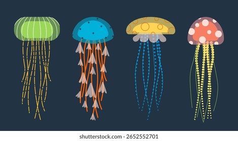 Conjunto de ilustrações coloridas de vetores de águas-vivas isoladas sobre fundo branco. Água-viva submarina marinha. Coleção de animais submarinos, medusa. Invertebrados marinhos com caudas perigosas, tentáculos.