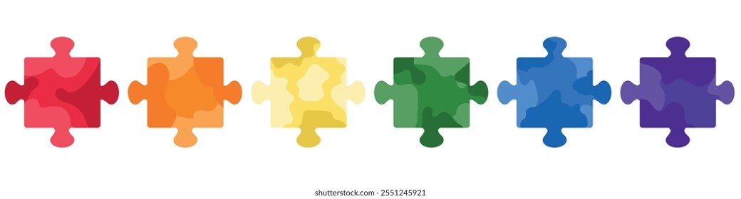 Set of colorful jigsaw puzzle pieces in red, orange, yellow, green, blue and purple color isolated on white. Hand drawn vector illustration in flat style. Team building, business icon, sticker