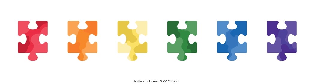 Set of colorful jigsaw puzzle pieces in red, orange, yellow, green, blue and purple color isolated on white. Hand drawn vector illustration in flat style. Team building, business icon, sticker