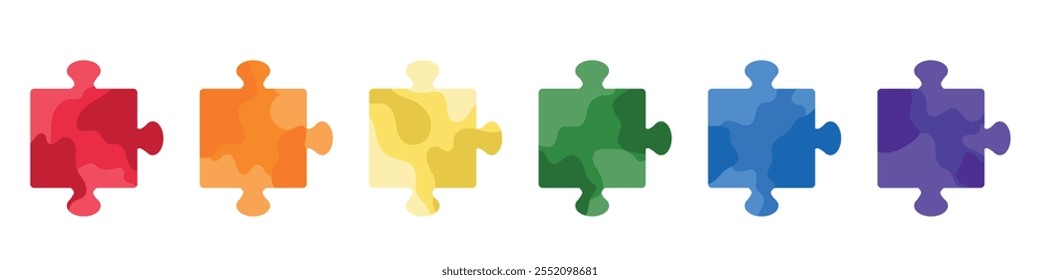 Set of colorful jigsaw puzzle pieces in red, orange, yellow, green, blue and purple color isolated on white. Hand drawn vector illustration in flat style. Team building, business icon, sticker