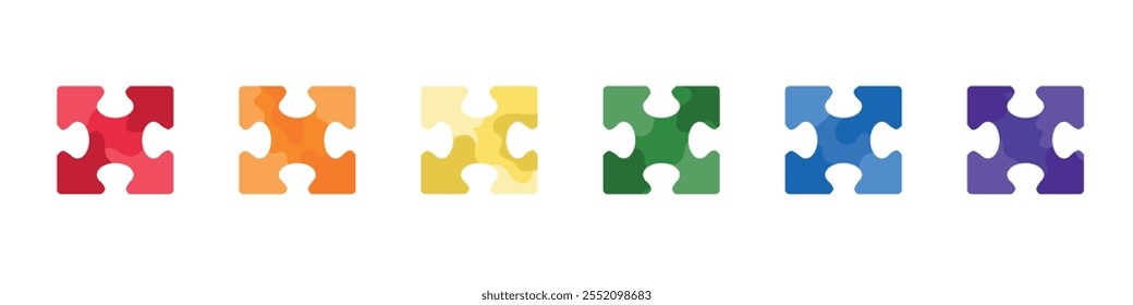 Set of colorful jigsaw puzzle pieces in red, orange, yellow, green, blue and purple color isolated on white. Hand drawn vector illustration in flat style. Team building, business icon, sticker