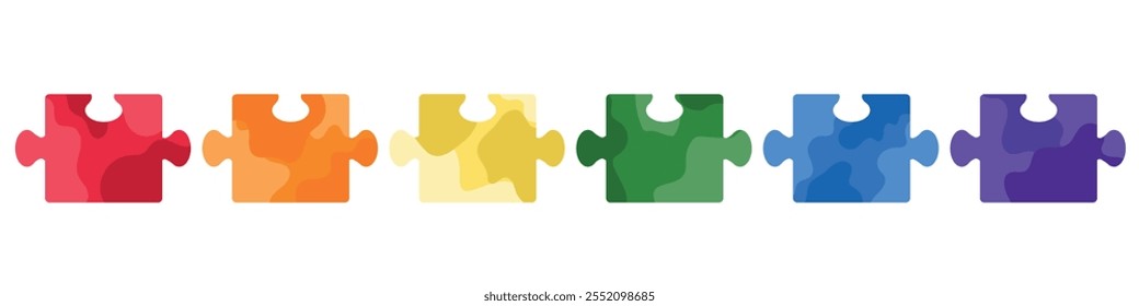 Set of colorful jigsaw puzzle pieces in red, orange, yellow, green, blue and purple color isolated on white. Hand drawn vector illustration in flat style. Team building, business icon, sticker