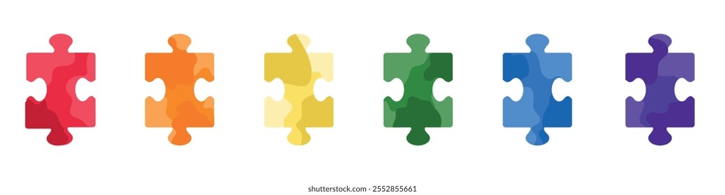 Set of colorful jigsaw puzzle pieces in red, orange, yellow, green, blue and purple color isolated on white. Hand drawn vector illustration in flat style. Team building, business icon, sticker