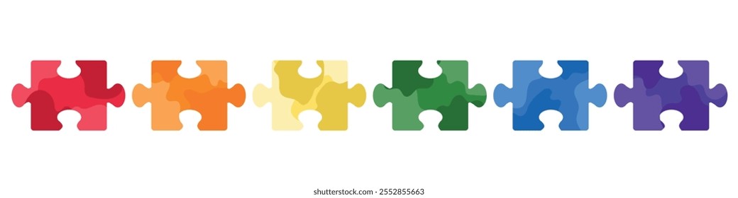 Set of colorful jigsaw puzzle pieces in red, orange, yellow, green, blue and purple color isolated on white. Hand drawn vector illustration in flat style. Team building, business icon, sticker