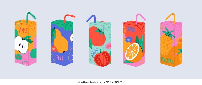 Set of colorful juice box with various fruit flavours. Apple, orange, tomato, pineapple, pear fresh. Lunch drink for kids. Summer lemonade illustration in cartoon style. Paper package isolated vector svg
