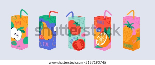 Set of colorful juice box with various fruit\
flavours. Apple, orange, tomato, pineapple, pear fresh. Lunch drink\
for kids. Summer lemonade illustration in cartoon style. Paper\
package isolated vector