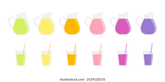 Set of colorful juice pitchers and matching glasses with straws. Refreshing drinks, summer beverage, and juice bar concept. Flat vector illustration isolated on a white background