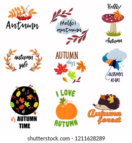Set of colorful juicy autumn badges with leaves.