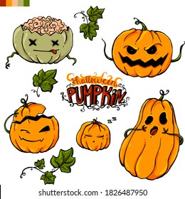 Set of colorful juicy vector pumpkins for Halloween on a white background.