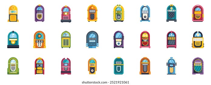Set of colorful jukeboxes playing music in a flat design style, perfect for any project related to music or vintage aesthetics