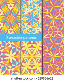 Set of colorful kaleidoscope seamless patterns. Decorative mandala ornament. Geometric design elements. Rainbow wallpaper, fabric, furniture print. Abstract vector flowers and stars. Psychedelic style