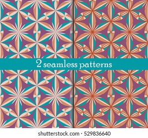 Set of colorful kaleidoscope seamless patterns. Decorative mandala ornament. Geometric design elements. Rainbow wallpaper, fabric, furniture print. Abstract vector flowers and stars. Psychedelic style