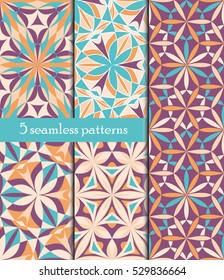 Set of colorful kaleidoscope seamless patterns. Decorative mandala ornament. Geometric design elements. Rainbow wallpaper, fabric, furniture print. Abstract vector flowers and stars. Psychedelic style