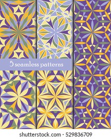 Set of colorful kaleidoscope seamless patterns. Decorative mandala ornament. Geometric design elements. Rainbow wallpaper, fabric, furniture print. Abstract vector flowers and stars. Psychedelic style