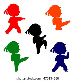 Set of colorful karate poses silhouettes. Martial arts for kids illustration. Silhouettes of boy practices kicks. Colorful figures of children. Childhood and Sports.