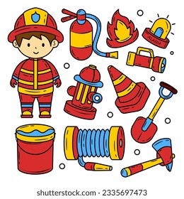 Set of Colorful Kawaii Fireman Doodle Hand Drawn