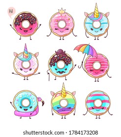 Set of colorful kawaii funny donuts. Sweet fast food vector illustration