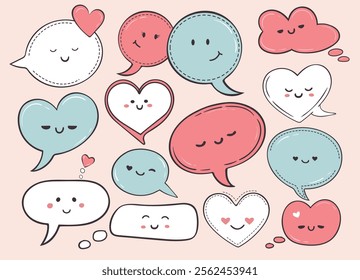 Set of colorful Kawaii speech bubbles. Talking and thinking clouds with faces of Love cartoon characters. Collection of Emoticon design elements for St Valentines day