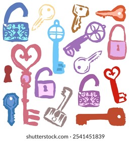 Set of colorful keys and locks. Hand draw, brush strokes. Vector, isolated graphics with texture 