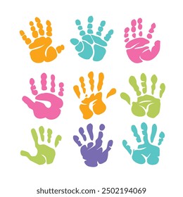 Set of colorful Kid Handprint collection, little children hand rainbow print icon, Creative paint hands prints. Happy childhood design. Artistic kids stamp, bright human fingers and palm.