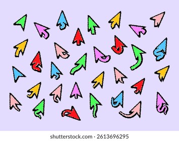set of colorful kids arrow pointer collection. modern retro trendy pixel art decoration elements vector illustration for game or any template
