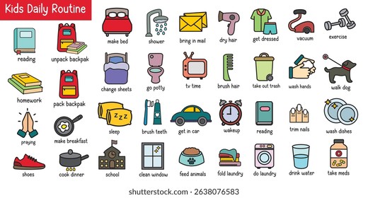 Set of colorful kids daily routine icon, kids chore chart icon vector