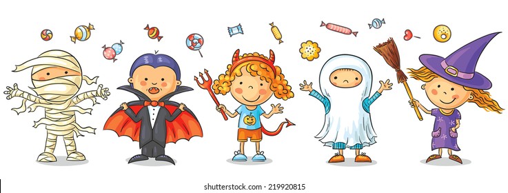 Set of colorful kids in Halloween costumes