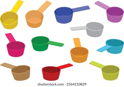 A set of colorful kitchen measuring scoops is depicted from various angles, providing a comprehensive view.