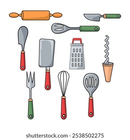 Set colorful kitchen utensils illustrations, handdrawn cartoon style. Kitchenware collection