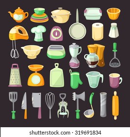 Set of colorful kitchen utensils used for cooking breakfats or dinner.