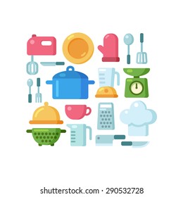 Set of colorful kitchen utensils and various cooking related objects arranged in a pattern.